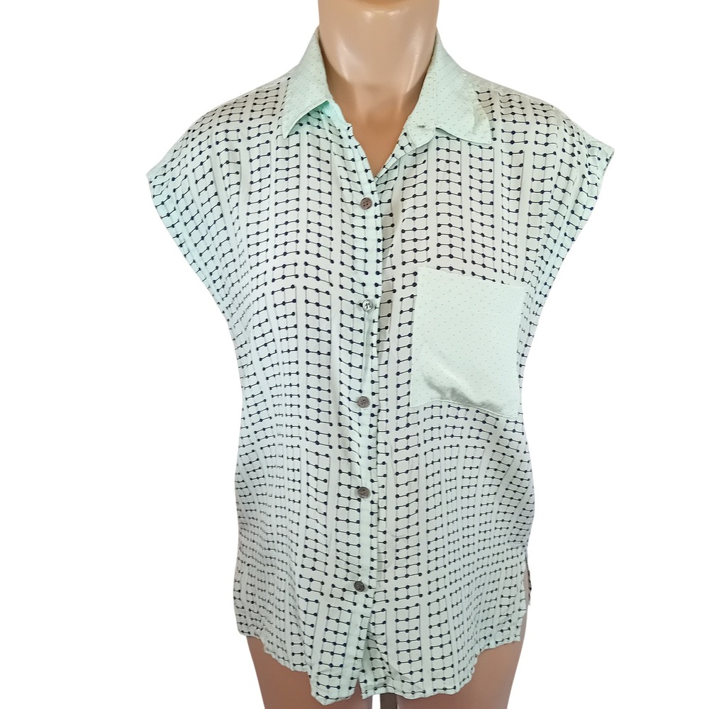 Modern Club Monaco Silk Blouse Womens Button Up Geometric Print Polka Dots XS